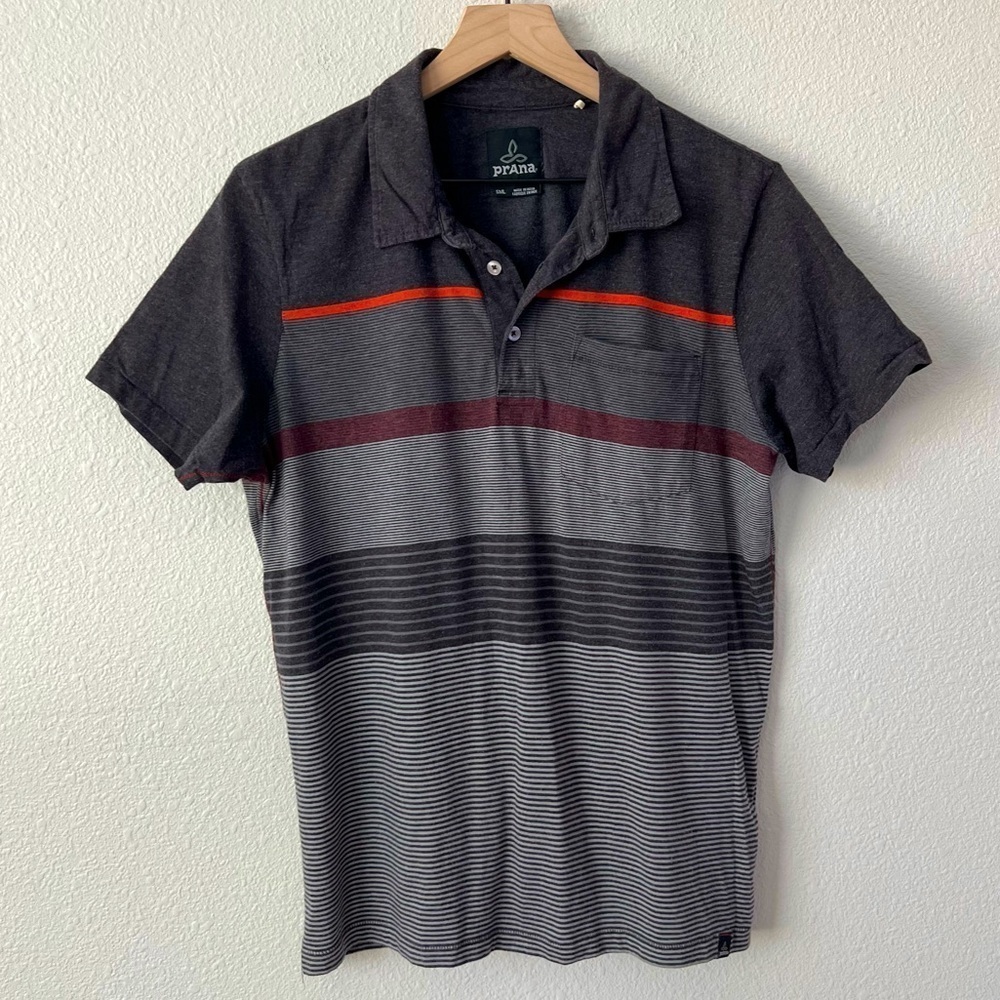 Prana Gray Striped Organic Cotton Breathable Polo with Front Pocket- Size Small